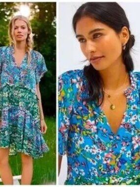 Anthropologie Robin Tiered Blue Floral Swing Dress Size M